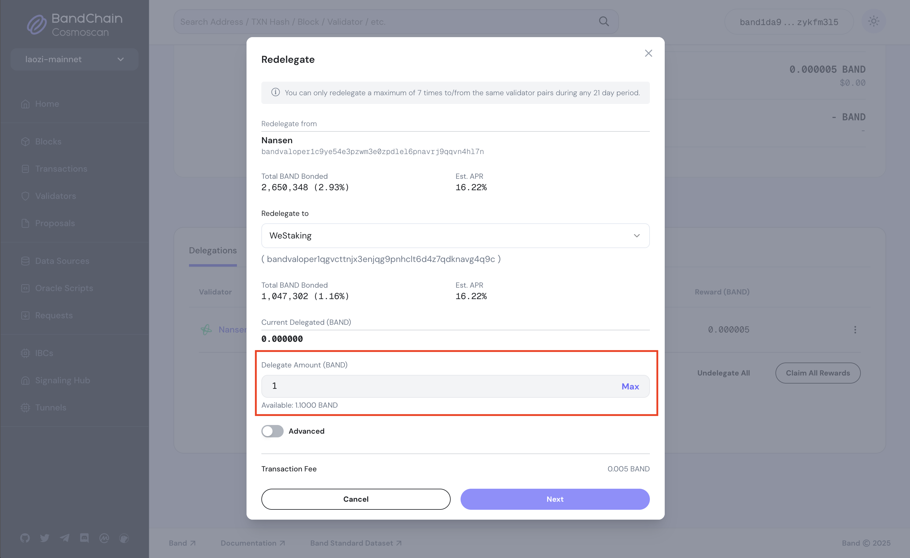 enter redelegate amount